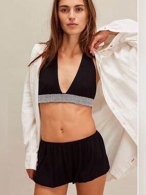 Free People Intimately Of The Moment Rhinestone Halter Bralette Black XL NWT